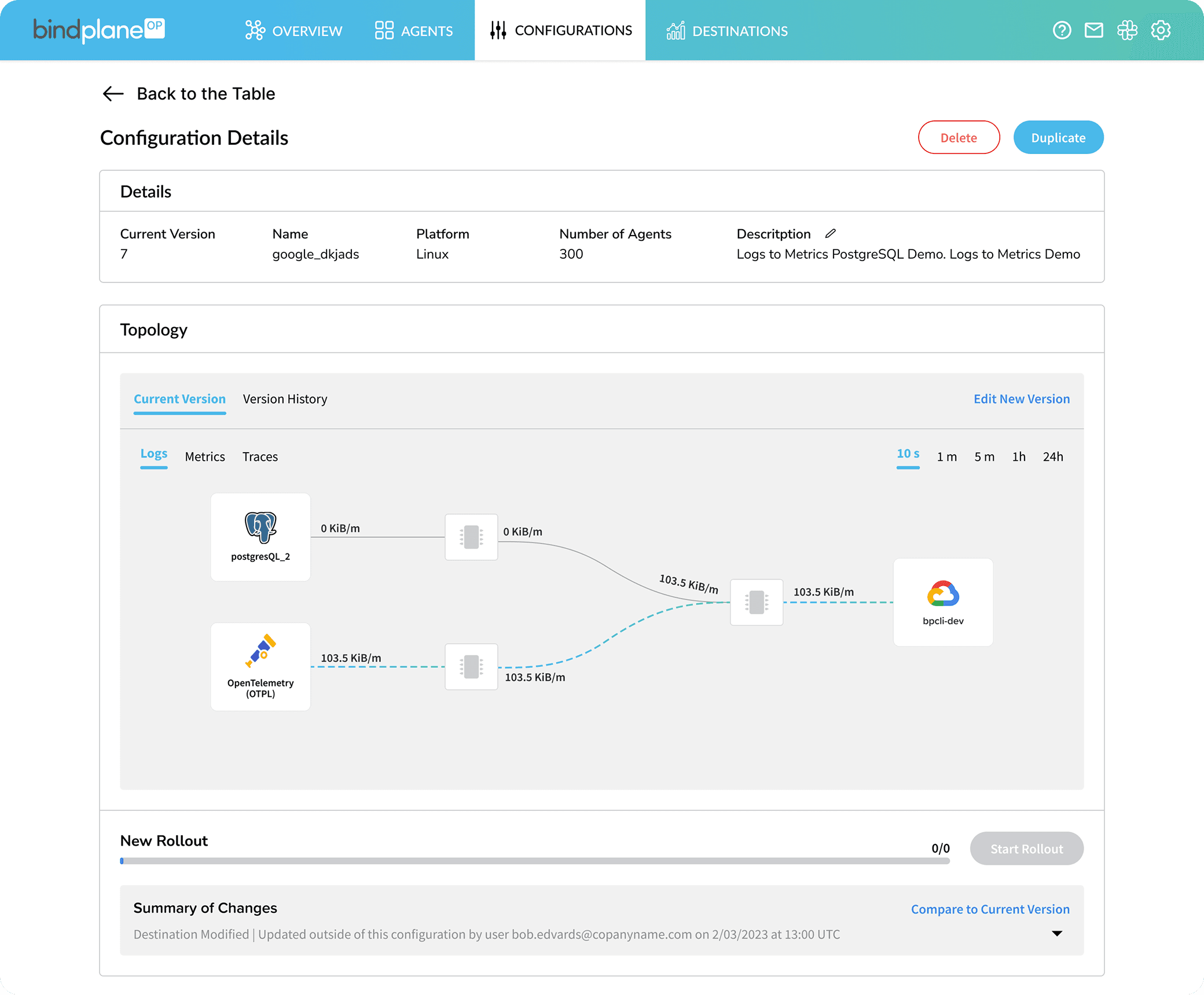 BindPlane — Configuration details, no rollout