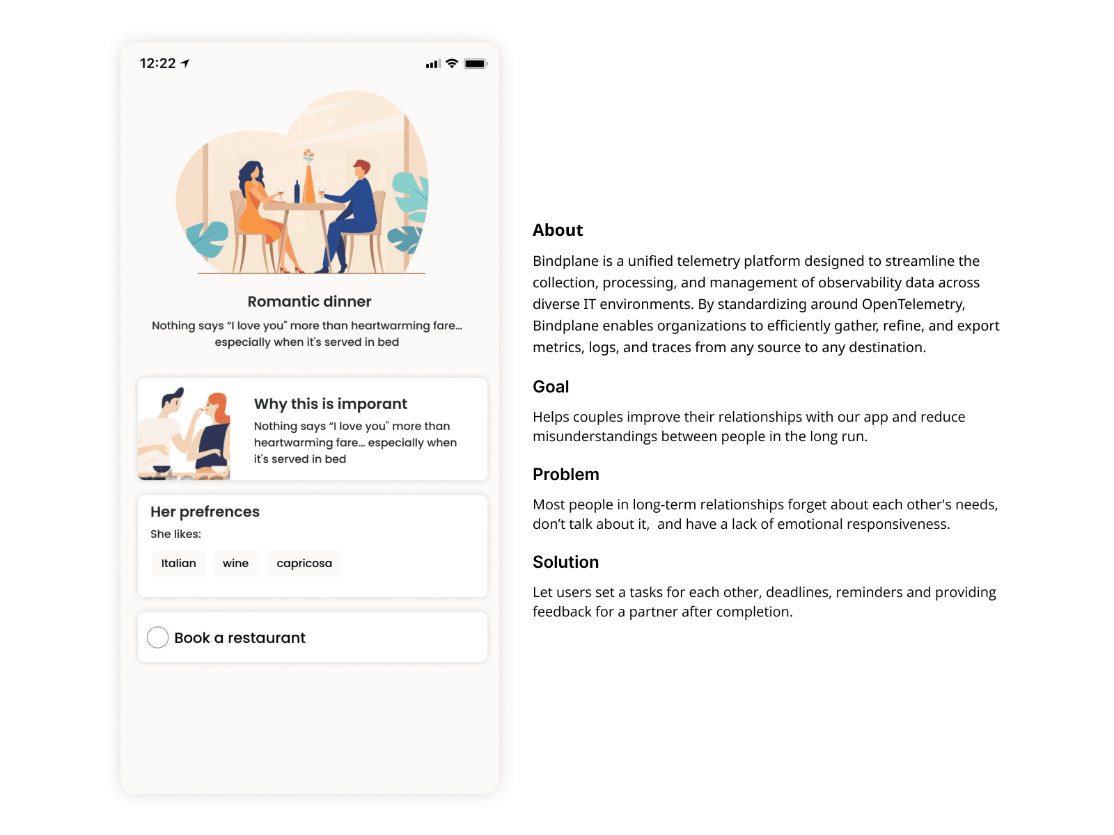 Pair — problem, goal, solution alongside a sample app screen