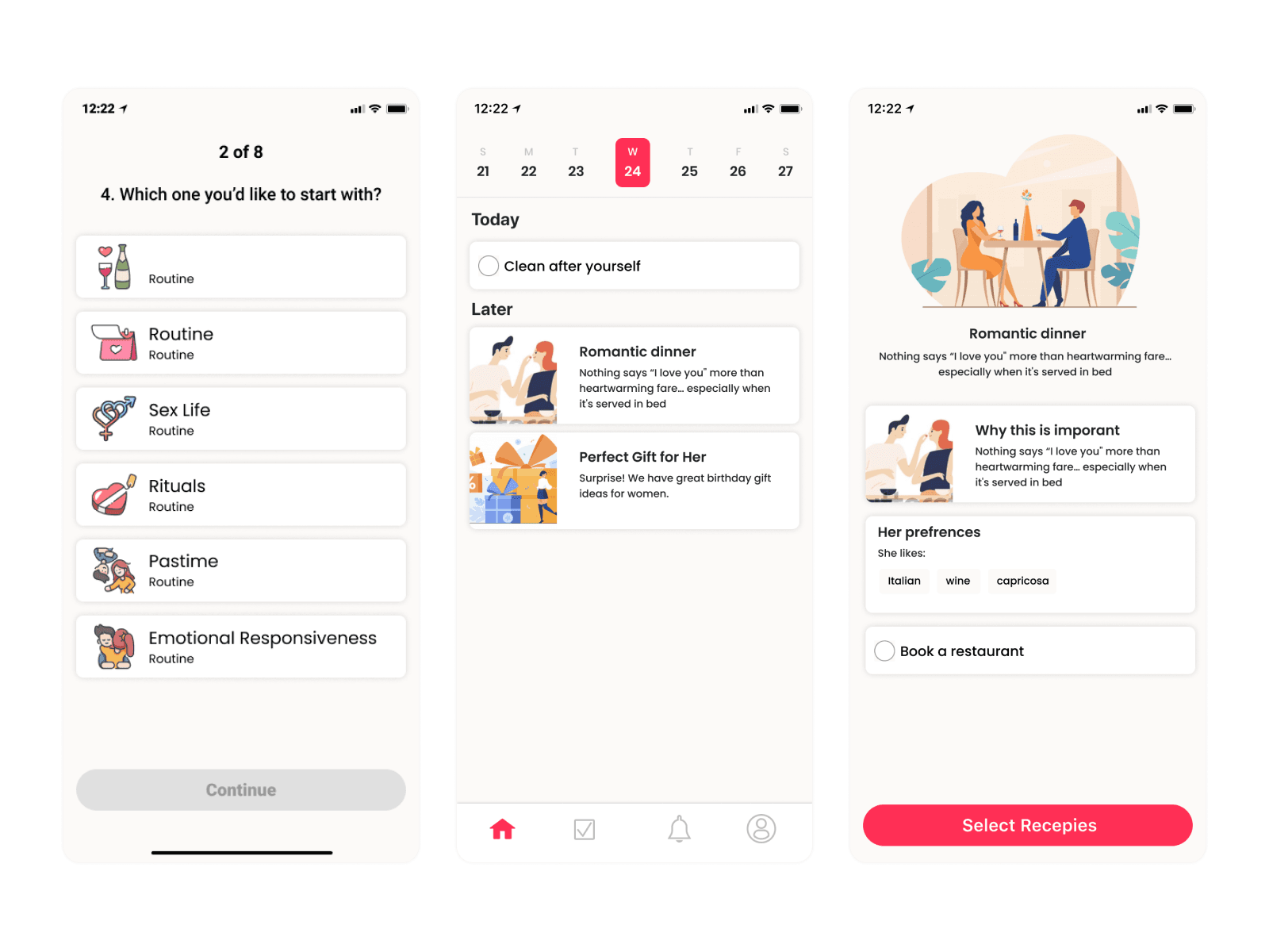 Pair — final hi-fi designs: onboarding, Today, task detail
