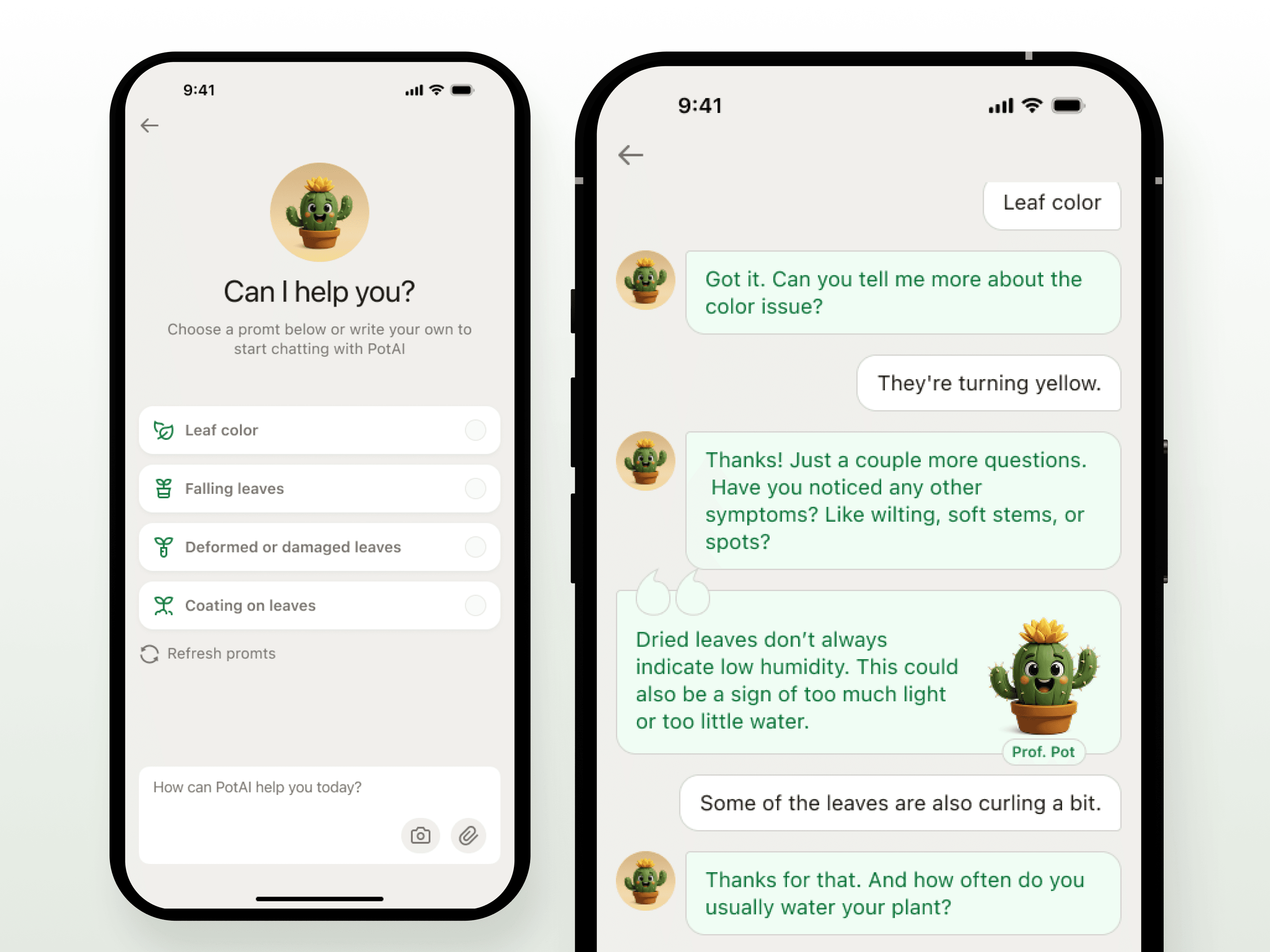 Prof. Pot — AI diagnostic chat with the cactus mascot