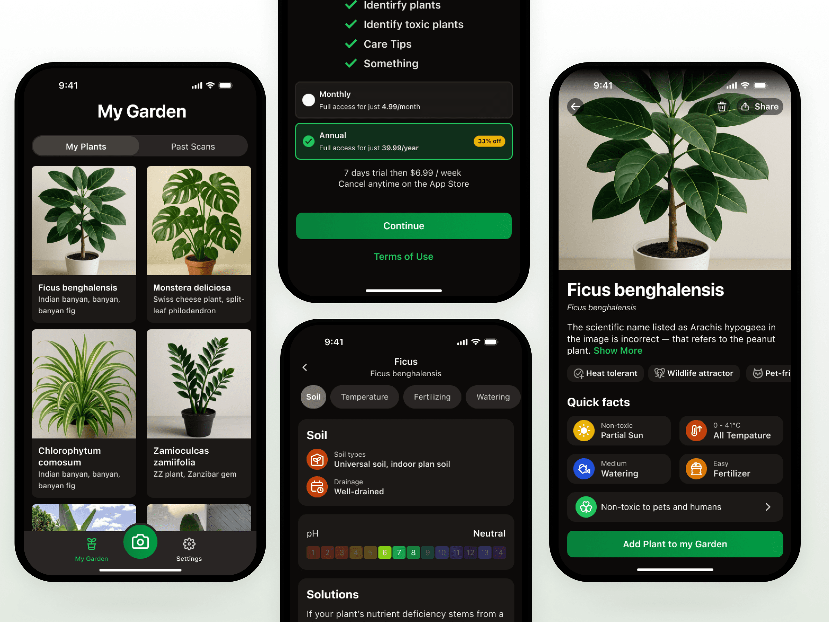 Dark-mode product screens with subscription paywall