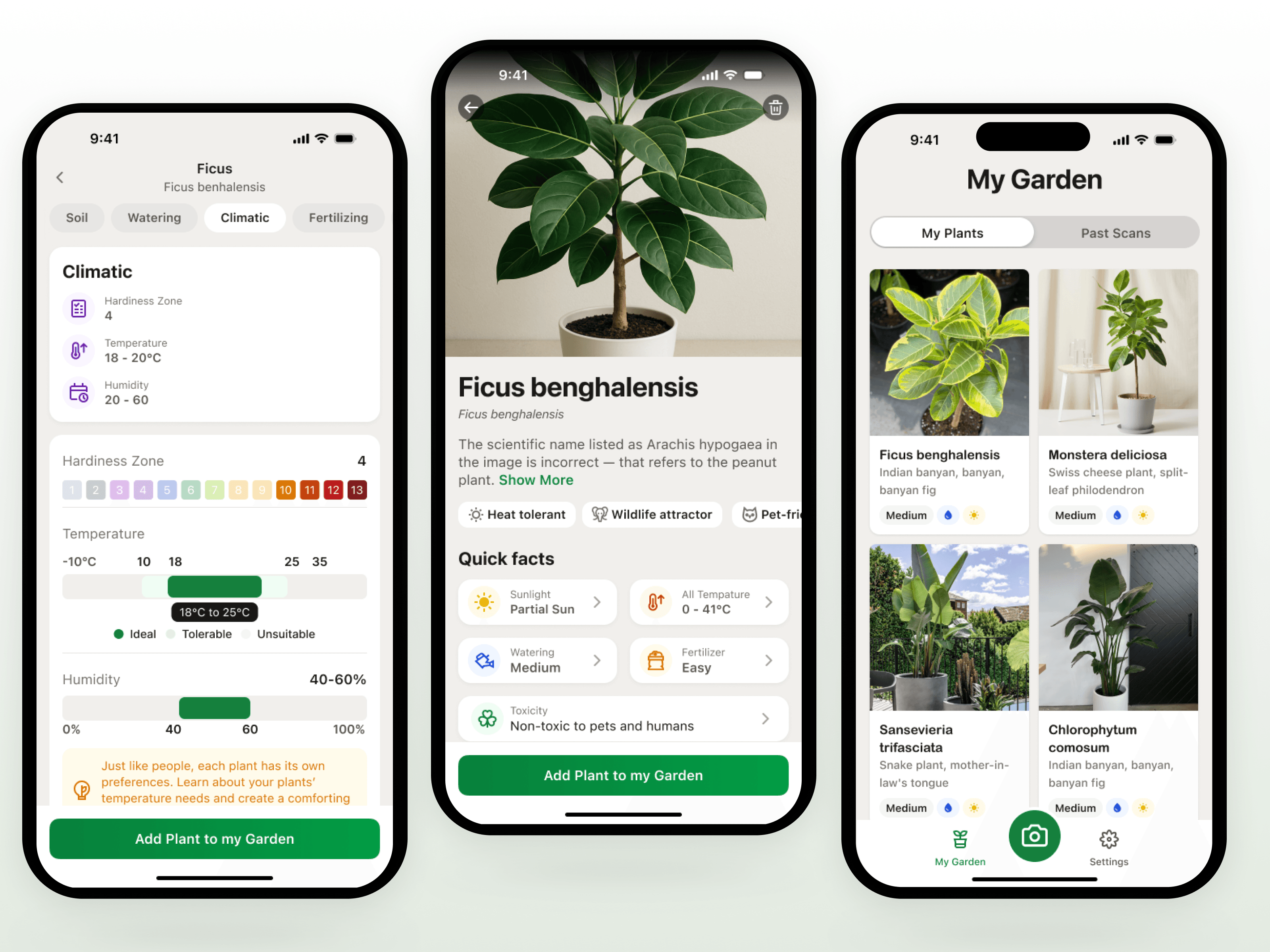 Light-mode product screens — plant detail, climatic data, My Garden