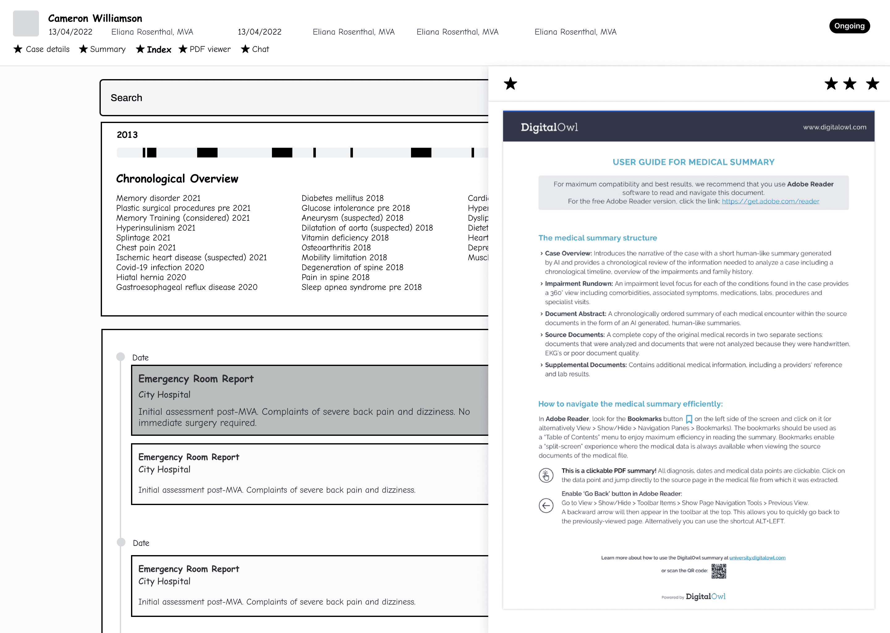 Wireframe — Case index overlay