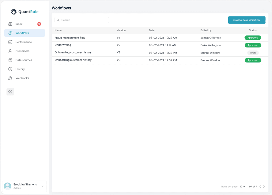 QuantRule — workflows list with version, edit history, and status